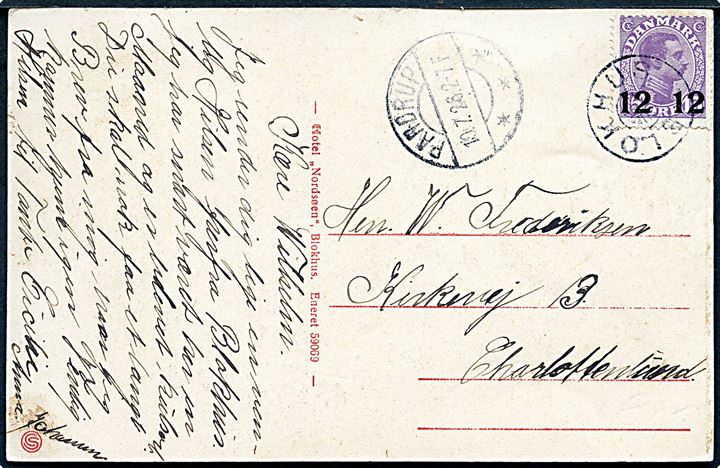 12/15 øre Provisorium på brevkort (Stranden ved Blokhus) annulleret med stjernestempel BLOKHUS og sidestemplet Pandrup d. 10.7.1926 til Charlottenlund.