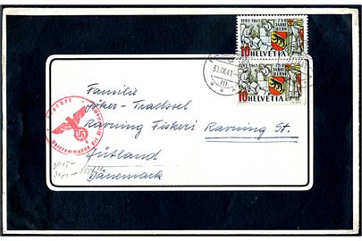 10 c. Bern 750 år i parstykke på stort sørge-tryksag fra Frautigen d. 30.9.1941 til Ravning, Danmark. Passér stemplet af den tyske censur i Frankfurt.