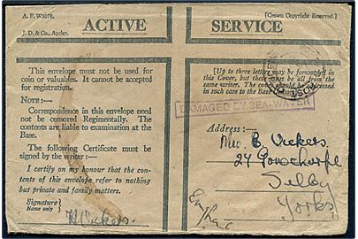Britisk Honour envelope med svagt feltpoststempel Field Post Office d. 16.8.1941 til Selby, England. Vandskadet med rammestempel DAMAGED BY SEA-WATER. Brevet sendt fra de britiske styrker på Island som benyttede FPO 304, 306, 307 og 308 som på forsendelser fra perioden 15.-27. august 1941 kendes med stempler som henviser til et skibsforlis. 