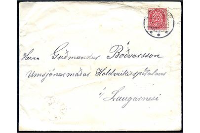 10 aur (defekt) single på landsporto brev fra Reykjavik d. 5.3.1901 til Langarnesi. Svagt ank.stempel fra Sveinsstadir. AFA 8000,- hvis ikke defekt.