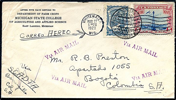 Amerikansk 5 cents Luftpost og SCADTA 30 c. Luftpost udg. på blandingsfrankeret brev fra Whitewater d. 27.3.1929 via Cartagena d. 8.4.1929 til Bogota, Colombia. 