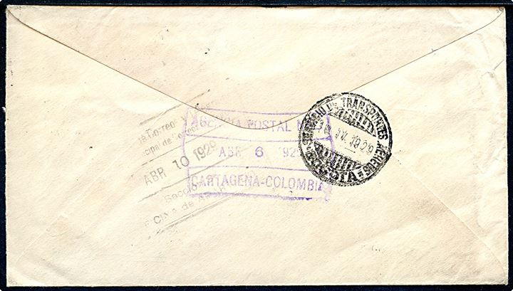 Amerikansk 5 cents Luftpost og SCADTA 30 c. Luftpost udg. på blandingsfrankeret brev fra Whitewater d. 27.3.1929 via Cartagena d. 8.4.1929 til Bogota, Colombia. 