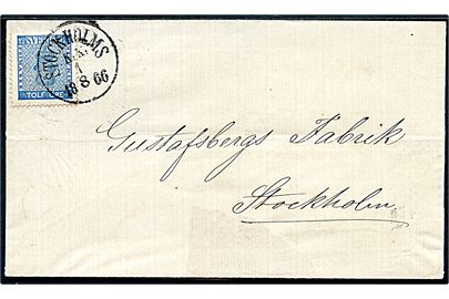 12 öre Våben på brev fra Söderhamn annulleret med særligt stempel Stockholms K:K: (= Kontrollkontor) d. 1.8.1866 til Stockholm. 