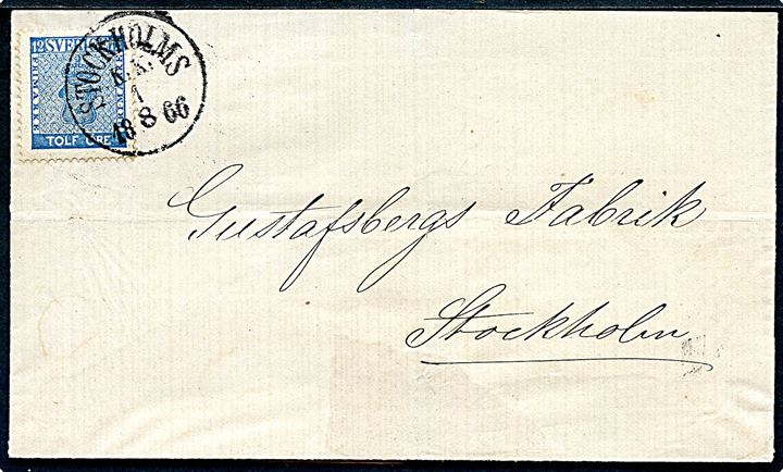 12 öre Våben på brev fra Söderhamn annulleret med særligt stempel Stockholms K:K: (= Kontrollkontor) d. 1.8.1866 til Stockholm. 