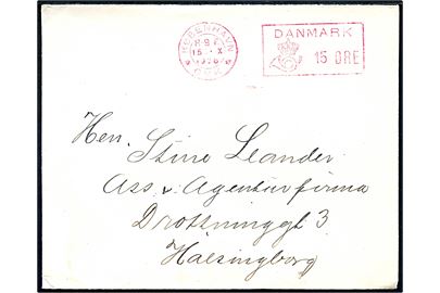 15 øre posthusfranko på brev fra København * OMK * d. 15.10.1928 til Helsingborg, Sverige.