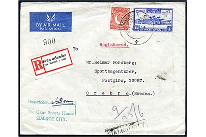 2 As. og 1 Rup. på anbefalet luftpostbrev fra Sialkot d. 25.6.1949 via Lahore til Örebro, Sverige. Påsat svensk rec.-etiket Från utlandet (via Malmö 1 utr.). 
