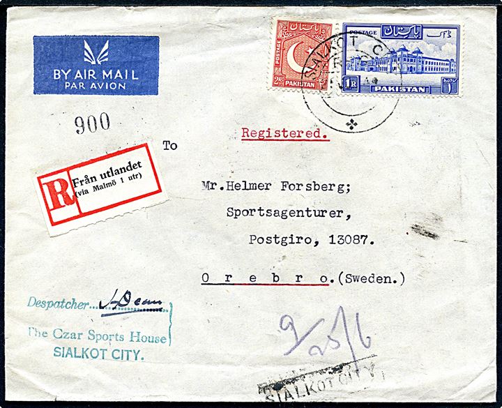 2 As. og 1 Rup. på anbefalet luftpostbrev fra Sialkot d. 25.6.1949 via Lahore til Örebro, Sverige. Påsat svensk rec.-etiket Från utlandet (via Malmö 1 utr.). 