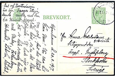 5 øre Chr. X helsagsbrevkort fra Kjøbenhavn d. 20.8.1917 til Klippudden ved Stockholm via skærgårds-dampskibet Angf. Gustafsberg.