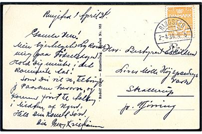 10 øre Bølgelinie tysk papir på brevkort annulleret med brotype Vc Ringsted B. d. 2.4.1934 til Skallerup pr. Hjørring.