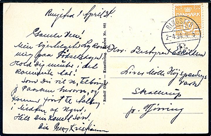 10 øre Bølgelinie tysk papir på brevkort annulleret med brotype Vc Ringsted B. d. 2.4.1934 til Skallerup pr. Hjørring.