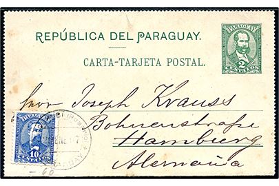 2 c. helsags korrespondancekort opfrankeret med 10 c.  fra Itacurubí (Rosario) d. 29.1.1897 via Asuncion til Hamburg.