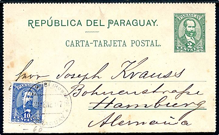 2 c. helsags korrespondancekort opfrankeret med 10 c.  fra Itacurubí (Rosario) d. 29.1.1897 via Asuncion til Hamburg.