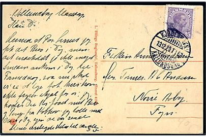 15 øre Chr. X på brevkort fra Kalundborg annulleret med bureaustempel Kjøbenhavn - Kallundborg T.163 d. 13.12.1920 til Nørre Aaby.