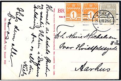 1 øre Bølgelinie i parstykke og 3 øre helsagsafklip som frankering på brevkort fra Vejle d. 25.1.1911 til Aarhus.