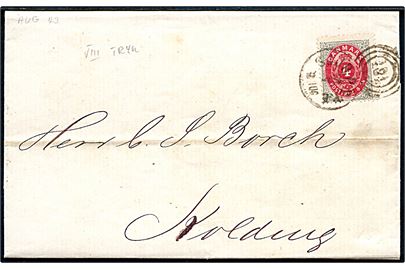 4 sk. Tofarvet 8. tryk på brev fra Kjøbenhavn annulleret med kombineret nr.-stempel 181/SJ.JB.P.SP.B. d. 31.7.1873 til Kolding.