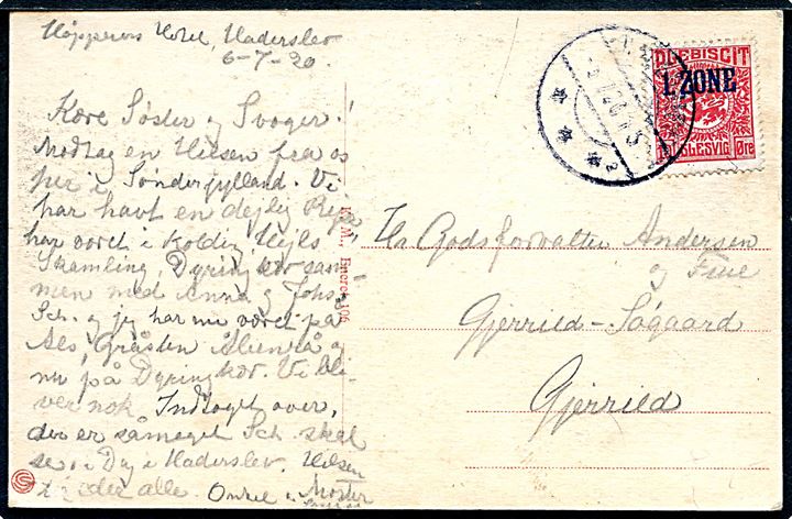 10 øre 1. Zone udg. på brevkort fra Haderslev d. 6.7.1920 til Gjerrild.