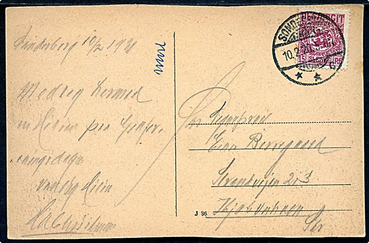 15 pfg. Fælles udg. på brevkort fra Sonderburg d. 10.2.1920 til Kjøbenhavn.