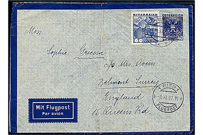 40 gr. helsags luftpostkuvert opfrankeret med 60 gr. Egnsdragt fra Wien d. 8.11.1937 til Belmont, England. Lodret fold.