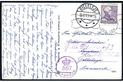 10 öre Gustaf på brevkort fra Stockholm d. 12.6.1945 til Gilleleje, Danmark - eftersendt til Charlottenlund. Dansk efterkrigscensur (krone)/357/Danmark.