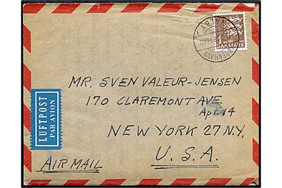 1 kr. Rigsvåben med perfin FLS (Firma A/S F. L. Smidth & Co.) på luftpostbrev fra København Valby d. 25.2.1958 til New York, USA.