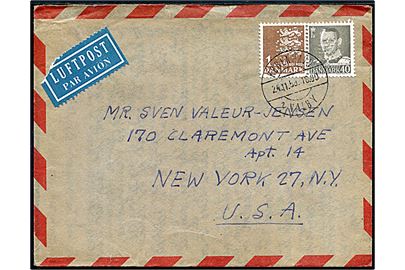 1 kr. Rigsvåben og 40 øre Fr. IX med perfin FLS (Firma A/S F. L. Smidth & Co.) på luftpostbrev fra København Valby d. 24.11.1958 til New York, USA.