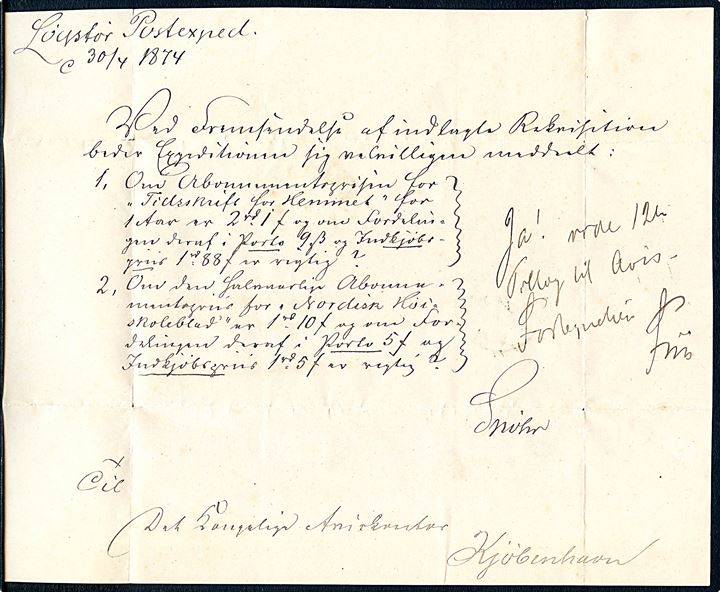 1874. Ufrankeret Avissag med fuldt indhold fra Løgstør d. 30.4.1874 til Kjøbenhavn. Returneret som kvittering.