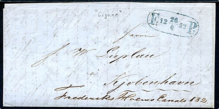 1852. Ufrankeret brev med fuldt indhold fra Gignac (Heraults) i Frankrig d. 147.4.1852 befordret med fodpost i København med ovalt stempel F:P: d. 26.4.1852. Attest Møller.