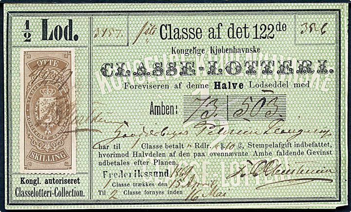 8 sk. stempelmærke annulleret med blæk 2/14 69 på 1/4 Lod til det 122de Kongelige Kjøbenhavnske Classe-Lotteri udstedt i Frederikssund 1869.