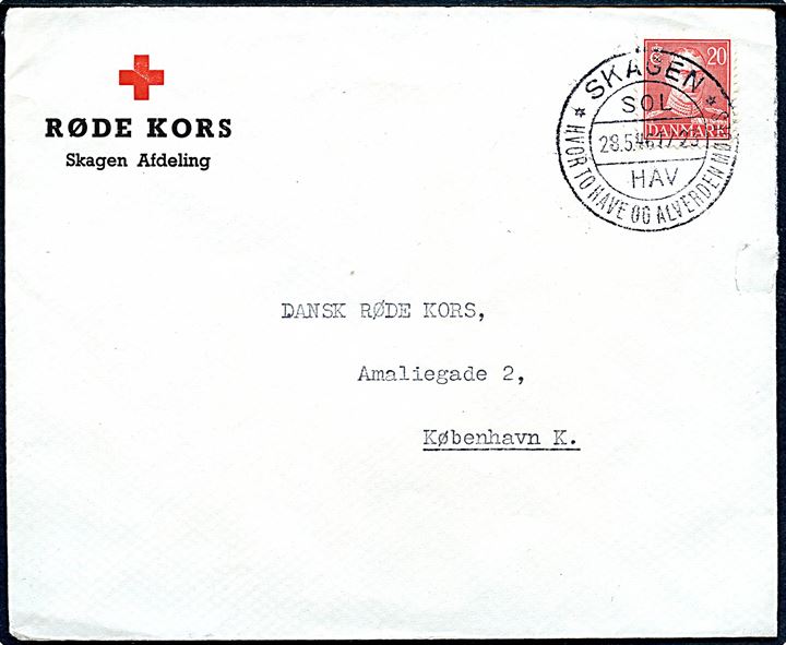 20 øre Chr. X på fortrykt kuvert fra Røde Kors Skagen Afdeling annulleret med turiststempel i Skagen d. 28.5.1946 til Dansk Røde Kors i København.