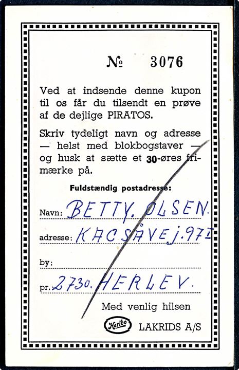 30 øre Esbjerg havn på illustreret Haribo Piratos tryksags-kort fra Herlev d. 10.6.1968 til København.