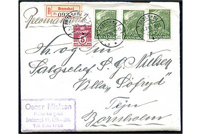 5 øre Bølgelinie og 15+5 øre Frihedsfonden (3) på anbefalet brev fra Brønshøj d. 1.7.1948 til Tejn på Bornholm.
