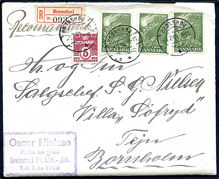 5 øre Bølgelinie og 15+5 øre Frihedsfonden (3) på anbefalet brev fra Brønshøj d. 1.7.1948 til Tejn på Bornholm.