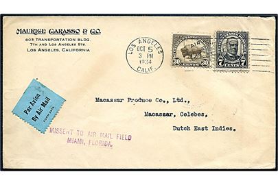 7 cents McKinley og 30 cents Bison på luftpostbrev fra Los Angeles d. 5.10.1934 til Makassar, Hollandsk Ostindien. Fejlsendt med stempel: Missent to Air Mail Field Miami, Florida