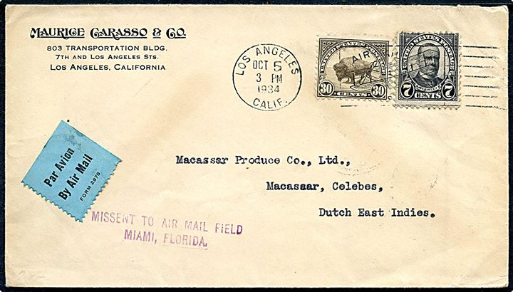 7 cents McKinley og 30 cents Bison på luftpostbrev fra Los Angeles d. 5.10.1934 til Makassar, Hollandsk Ostindien. Fejlsendt med stempel: Missent to Air Mail Field Miami, Florida