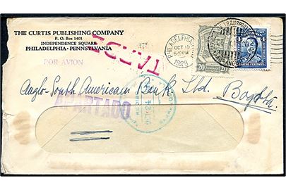 Amerikansk 2 cents Washington på rudekuvert rra Philadelphia d. 15.10.1929 til Baranquilla, Colombia - opfrankeret med Colombia 4 c. og 20 c. SCADTA luftpost udg. stemplet Baranquilla s. 15.10.1929 og eftersendt som indenrigs luftpost til Bogota. 