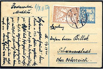 15 vin. Kædespringer helsagsbrevkort opfrankeret med 40 vin. Kædespringer dateret Mohlice og annulleret Galicija d. 2.7.1920 til Schwanenstadt, Østrig.