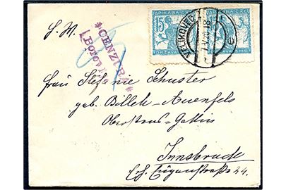15 vin. Kædespringer (2) på brev annulleret Velikovec d. 7.5.1920 til Innsbruck, Østrig. Violet lokal censur fra Borovlje. 
