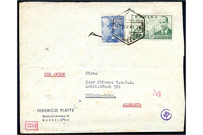 70 cts. Franco og 2 pts. Luftpost på luftpostbrev fra Barcelona 1941 til Mülheim, Tyskland. Åbnet af både lokal spansk censur i Barcelona og tysk censur i München.