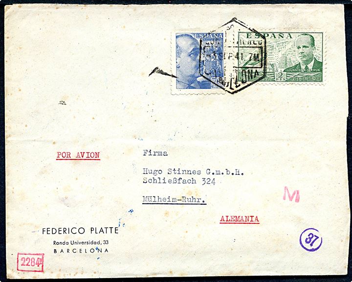 70 cts. Franco og 2 pts. Luftpost på luftpostbrev fra Barcelona 1941 til Mülheim, Tyskland. Åbnet af både lokal spansk censur i Barcelona og tysk censur i München.