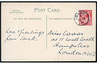 1d George V på brevkort annulleret på den lille kanalø Sark d. 12.12.1921 til london.
