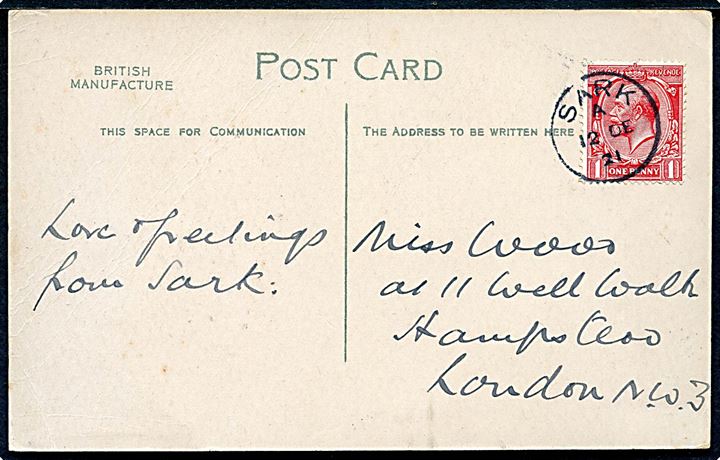 1d George V på brevkort annulleret på den lille kanalø Sark d. 12.12.1921 til london.