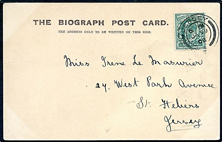 ½d Edward VII på lokalt brevkort annulleret Jersey d. 29.1.1903 til St. Heliers. 