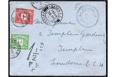 Ufrankeret brev med langt indhold dateret d. 22.2.1937 og blåt stempel TRISTAN DA CUNHA sidestemplet London F.S. Paquebot d. 30.3.1937 til London. Udtakseret i porto med britiske ½d og 1d Portomærker stemplet d. 30.3.1937