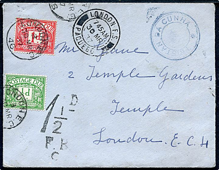 Ufrankeret brev med langt indhold dateret d. 22.2.1937 og blåt stempel TRISTAN DA CUNHA sidestemplet London F.S. Paquebot d. 30.3.1937 til London. Udtakseret i porto med britiske ½d og 1d Portomærker stemplet d. 30.3.1937