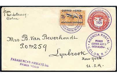 2 c. helsagskuvert opfrankeret med 25/10 c. Luftpost provisorium fra Colon d. 9.2.1929 til Lynbrook, USA. Violette flyvningsstempler fra Panamerican Airways 1ste flyvning.