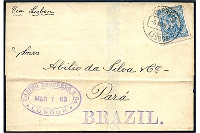 Ufrankeret korsbånd fra firma Rosing Brothers & Co. i London d. 1.3.1883 forwarded med ovalt stempel af Garland Laidley & Co. i Lissabon med 50 ries stemplet Lisboa d. 6.3.1883 til Para, Brasilien.
