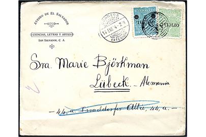 3/13 c. og 12 c. Oficial provisoriske tjenestemærker på brev fra San Salvador d. 14,1,1914 til Lübeck, Tyskland.