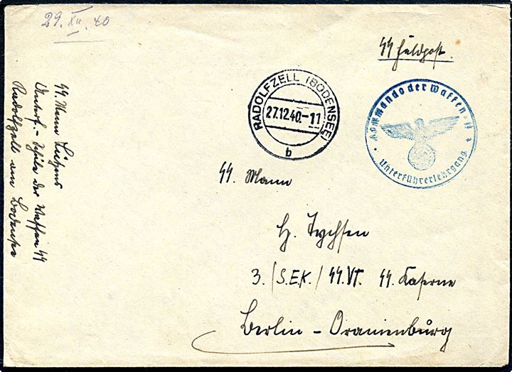 Ufrankeret SS-feltpostbrev fra Radolfzell (Bodensee) d. 27.12.1940 med briefstempel Kommando der Waffen-SS * Unterführerlehrgang * til dansk SS-Mann Hans Tychsen ved 3./S.E.K./SS-VT SS-Kaserne Berlin-Oranienburg. Hans Tychsen fra Kruså faldt i Finland i september 1944.