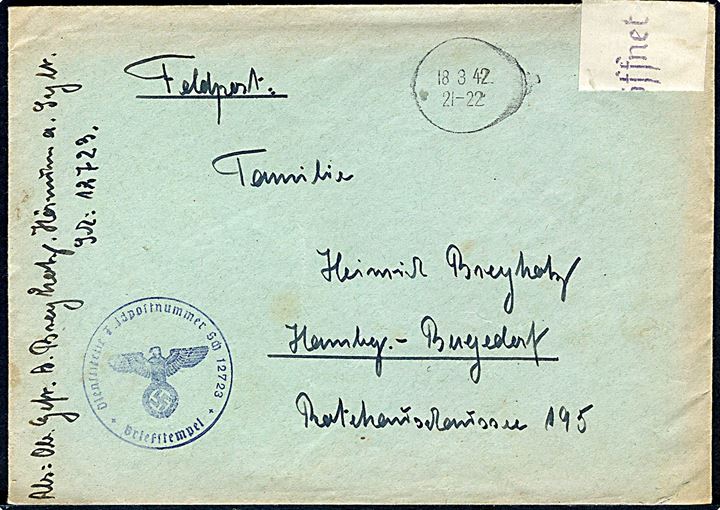 Ufrankeret feltpostbrev med indhold dateret Hördum på Sylt og annulleret med stumt stempel d. 18.3.1943 til Hamburg. Sendt fra soldat ved Feldpost-nr. Sch. 12723 = 2. Marine-Flak Abt. 264 på Sylt. Brevet åbnet af tysk feltpostcensur med banderole Feldpostprüfstelle.