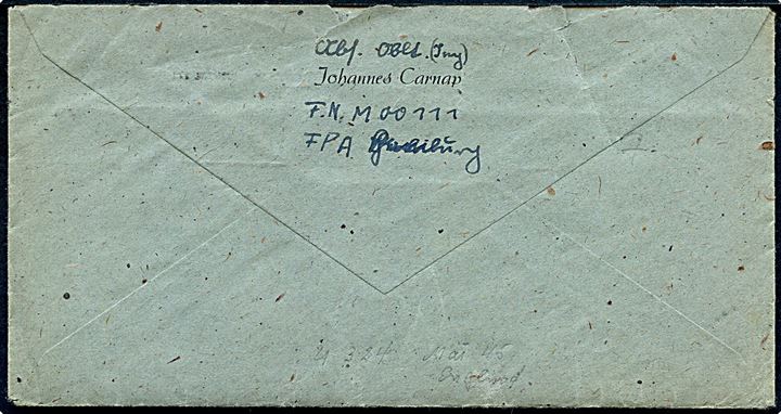 Ufrankeret feltpostbrev med indhold og stumt stempel d. 27.1.1945 til militæradresse i Tübingen - eftersendt. Briefstempel og afs.-angivelse fra Feldpost Nr. M00111 (= Undervandsbåden U 324). 